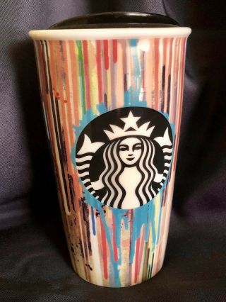 Starbucks 2015 Paint Drip Stripes 12oz Ceramic Travel Tumbler Mug With Lid