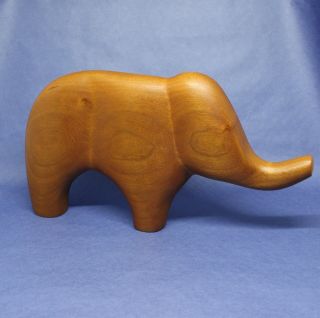 Vintage Wooden Elephant Figurine Hand Carved Minimalist Mid Modern Luck Charm