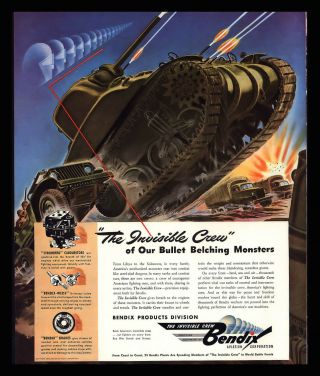 Vintage 1942 Bendix Aviation Corp.  " Invisible Crew " Fighter Tanks Art Print Ad