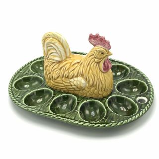 Vtg Hen On Nest Deviled Egg Plate Ceramic Hon Chicken Tray Platter Dish Flaws