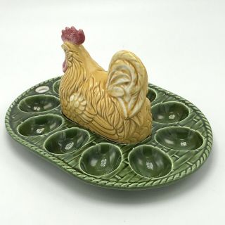 Vtg Hen On Nest Deviled Egg Plate Ceramic HON Chicken Tray Platter Dish FLAWS 5