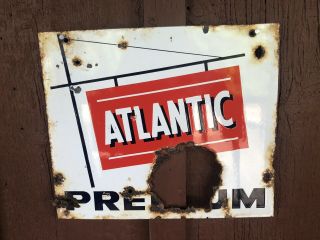 Vintage Atlantic Gasoline Pump Plate Porcelain Premium Has A Hole