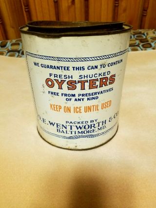 Wentworth & Co Oysters 1 Gallon Metal Can Triangle T Brand Baltimore,  MD 4