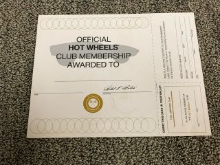Vintage Hot Wheels Club Kit 1970 Membership Card Only.  In Good Shape