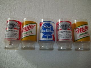 5 Vintage Beer Glasses,  Budweiser,  Miller,  Pabst