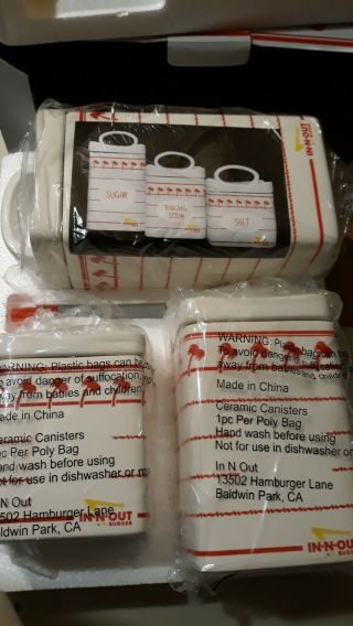 In N Out Burger Ceramic Kitchen Canister Jars 3 Pc Set Red & White