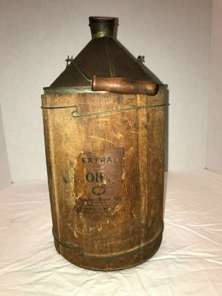 Rare Vintage 2 Gallon Wood Covered Metal Oil Container