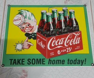 Vintage Drink Cokecoca Co Sprite Boy Porcelain Sign.  8.  25x11 "
