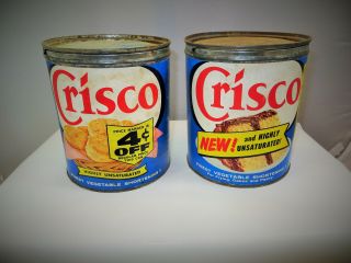 2 Vintage Crisco Shortening Tin Antique Old Tin Lard Cans Covers Attached