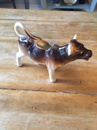 Vintage Porcelain Brown Cow Steer Creamer Figurine With Horns Czechoslovakia