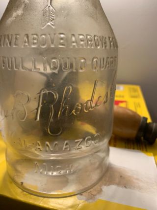 Vintage Glass Motor Oil Bottle W/tin Spout - Jay B Rhodes,  Kalamazoo,  Mich