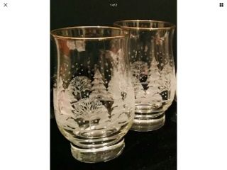 4 - 8.  5 " Libbey Christmas Winter White Frosted Tree Glasses Gold Rims Arby