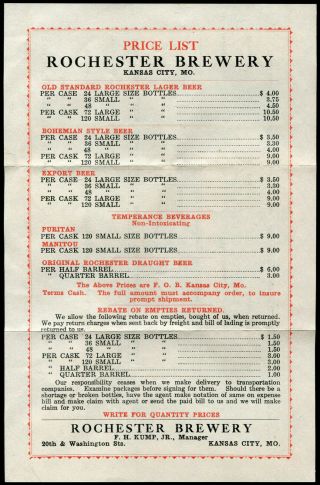 1910 ' s Price List & Order Form Rochester Brewery Kansas City Missouri 2