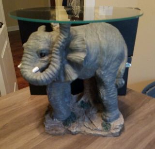 Cute Elephant Statue Accent Safari Animal Decor Table Glass Top 10 " X 12 "