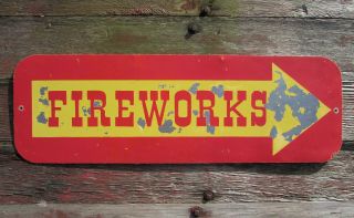 Vintage Fireworks Arrow Rocket Sign Metal Road Side Stand Painted Advertising