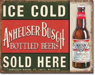 Anheuser Busch Bud Budweiser Bottled Ice Cold Beers Retro Metal Tin Sign