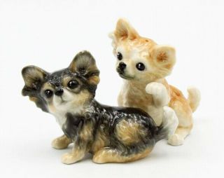 Porcelain Figurine Dog Salt Pepper Shakers Chihuahua Puppy Statue Tan Black