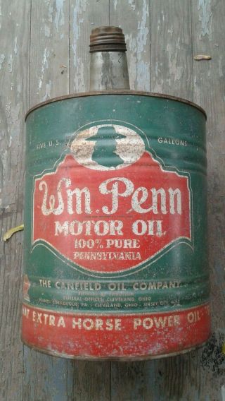 Vintage Wm.  Penn 5 Gallon Canfield Motor Oil Co.  100 Pure Pennsylvania Rare 5gal