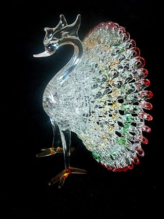 Blown Glass Peacock - Intricate Filigree - Mid Century Carnival
