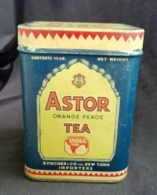 Old Advertising Tin Astor Orange Pekoe Tea B Fischer & Co York Importers