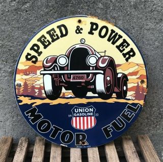 Vintage Union Speed And Power Gasoline Porcelain Pump Plate Sign " Usa 1922 " Can