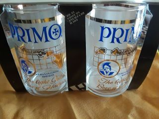 Vtg Hawaii 5” Primo Beer Drinking Glass (set Of 4) Blue And Gold Hawaii Map