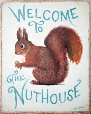 Squirrel Welcome To The Nuthouse Shabby Chic Wooden Sign Plaque Print Picture