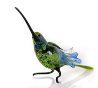 Glass Hummingbird Statue,  Russian Blown Art Miniature Green Bird Figurine