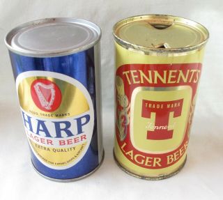 Vtg Tennents & Harp Lager Flat Top Beer Cans - Scotland