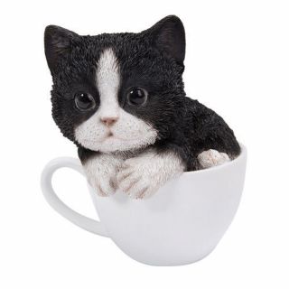 Teacup Kitten Figurine Statue Black & White Cat In Cup Mug Sculpture Cute