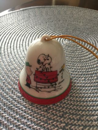 Vintage Peanuts Snoopy & Woodstock Christmas Bell Ornament Porcelain 1965