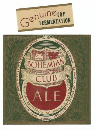 Bohemian Breweries Bohemian Club Ale Label With Neck Irtp Spokane Wa