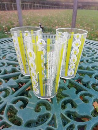 3 Tall Vintage Retro Lime Green & White Mid Century High Ball Glass Tumblers
