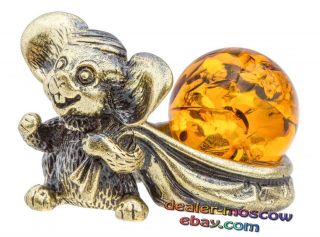 Bronze Solid Brass Baltic Amber Figurine Mouse With A Bag Of Gifts Statuette