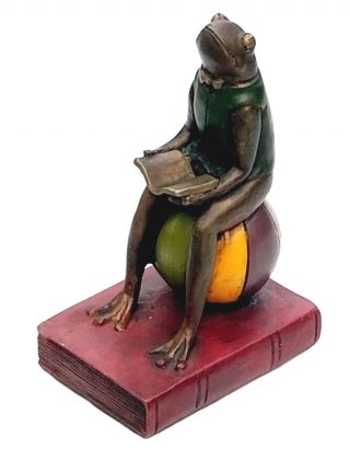 Resin Frog Figurine / Bookend - Sitting On Ball & Book,  Reading Book