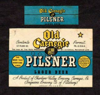 Old Carnegie Beer Irtp/permit Label Duquesne Chartiers Valley Pittsburg Pa,  Neck