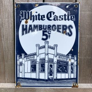 Vintage Porcelain White Castle Hamburger Restaurant Sign