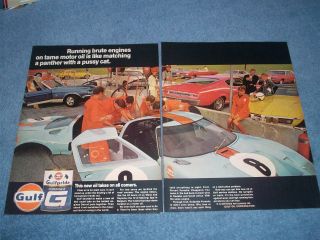 1968 Gulf Formula G Motor Oil Vintage 2pg Ad With Ford Gt40 Shelby Gt500 Cyclone