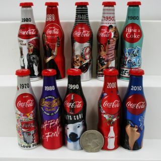 Set Of 10 Miniature 3 " 2015 100th Anniversary Coca Cola Aluminum Bottles Mini