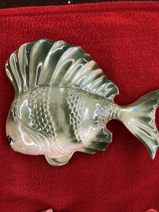 Vintage Ceramic Fish Wall Pocket Vase Bathroom Decor Green Irredescent