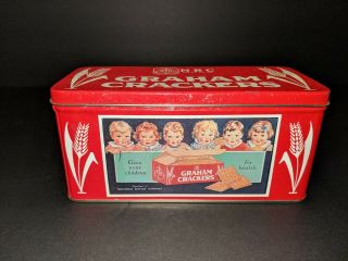 Rare Vintage Nabisco Graham Cracker Tin Box Red Collectible Americana.