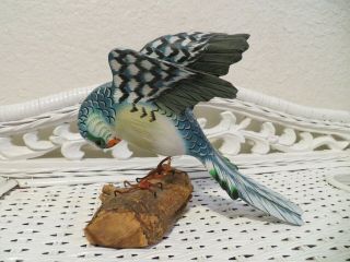 Hand Painted Carved Wood Blue Parakeet Budgie Bird Figurine Driftwood Decoy