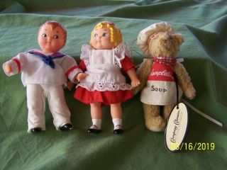 Campbell Soup Plastic Boy And Girl Doll And Little Bear.  About 5 Inches Tall - Cute