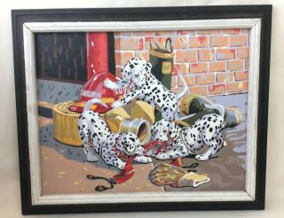 Dalmatian Puppies Playing Fire House Dog Framed Paint By Number Art Completed