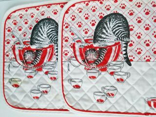 B.  Kliban Cat Place Mats Set 2 Punch Bowl Cat Quilted Cream Red & Black Stained