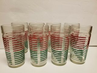 Vintage 80s Style Stripe/lines Green And Red 8 Glass Tumbler Cups Glasses