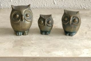 Heavy Solid Brass 3 Three Owls Mid Century Figurines