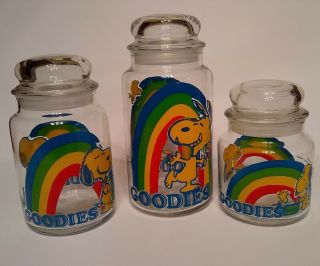 3 Vintage Peanuts Snoopy Woodstock Covered Glass " Goodies " Canisters Rainbows