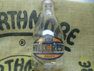 Hillcrest Dairy Round Pyro.  Quart Milk Bottle.  Worcester,  Mass.