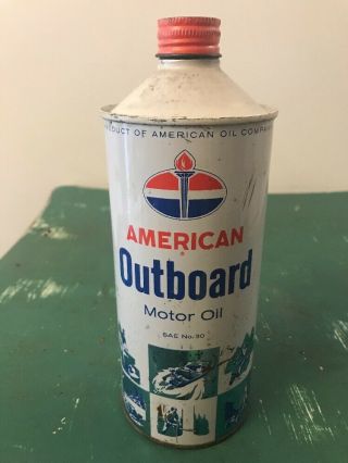 Vintage 1 Quart Metal American Outboard Motor Oil Can Full Cone Top